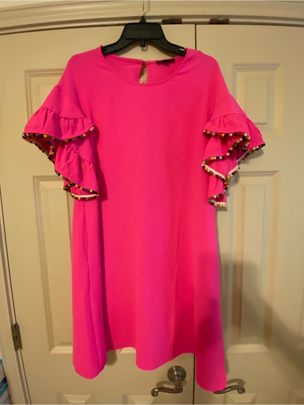 Very J Hot Pink Ruffle Sleeve Dress with Pom Trim